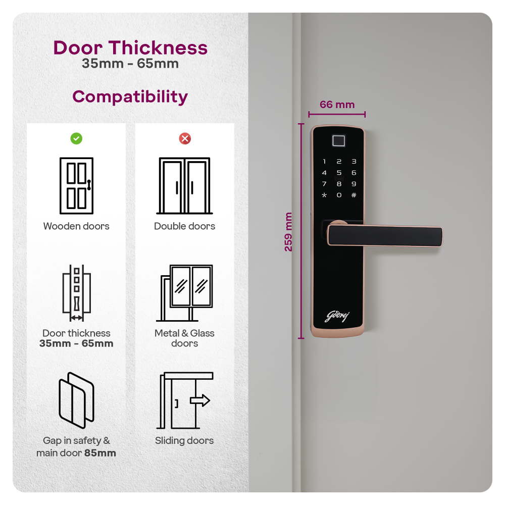 Godrej Smart Lock I Catus Touch Plus I Digital Lock for Wooden Door I 4in1 Access I Fingerprint | RFID I PIN Access I Mechanical Key I 3 Dead Bolts I Rose Gold I 3 Yr Warranty | Free Installation